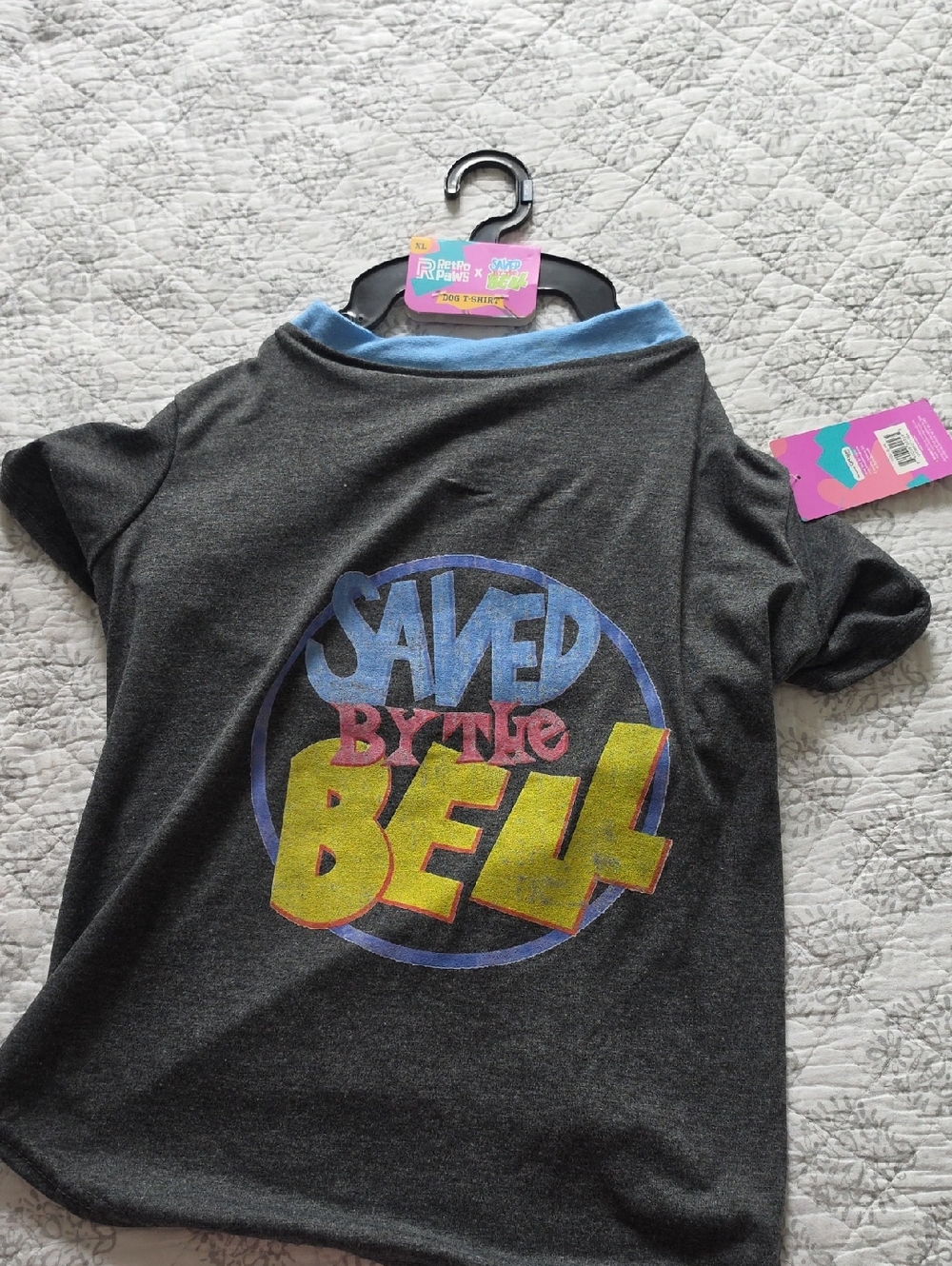 Retro  Paws Dog Short Sleeve Tee in Charcoal with Blue, Yellow & Pink Graphic